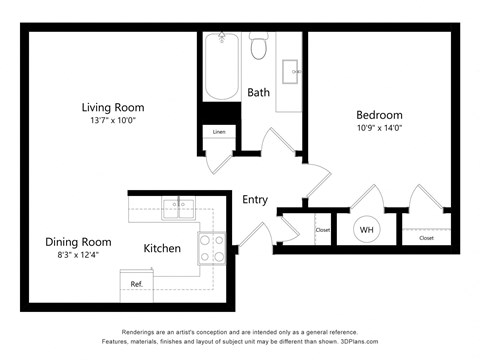 Floor plan for 1 bed, 1 bath, 635 sqft